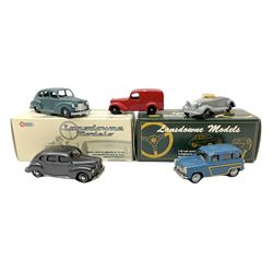 Lansdowne Models - LDM.26 1953 Jowett Javelin Deluxe; and LDM20A 1956 Ford Squire Estate 'Sarum BL JE'; both with inner and outer boxes; two unboxed ODGI models - Dolomite sports tourer and Jowett Bradford van; and Mikansue kit No.1 1949 Jowett Javelin (5)