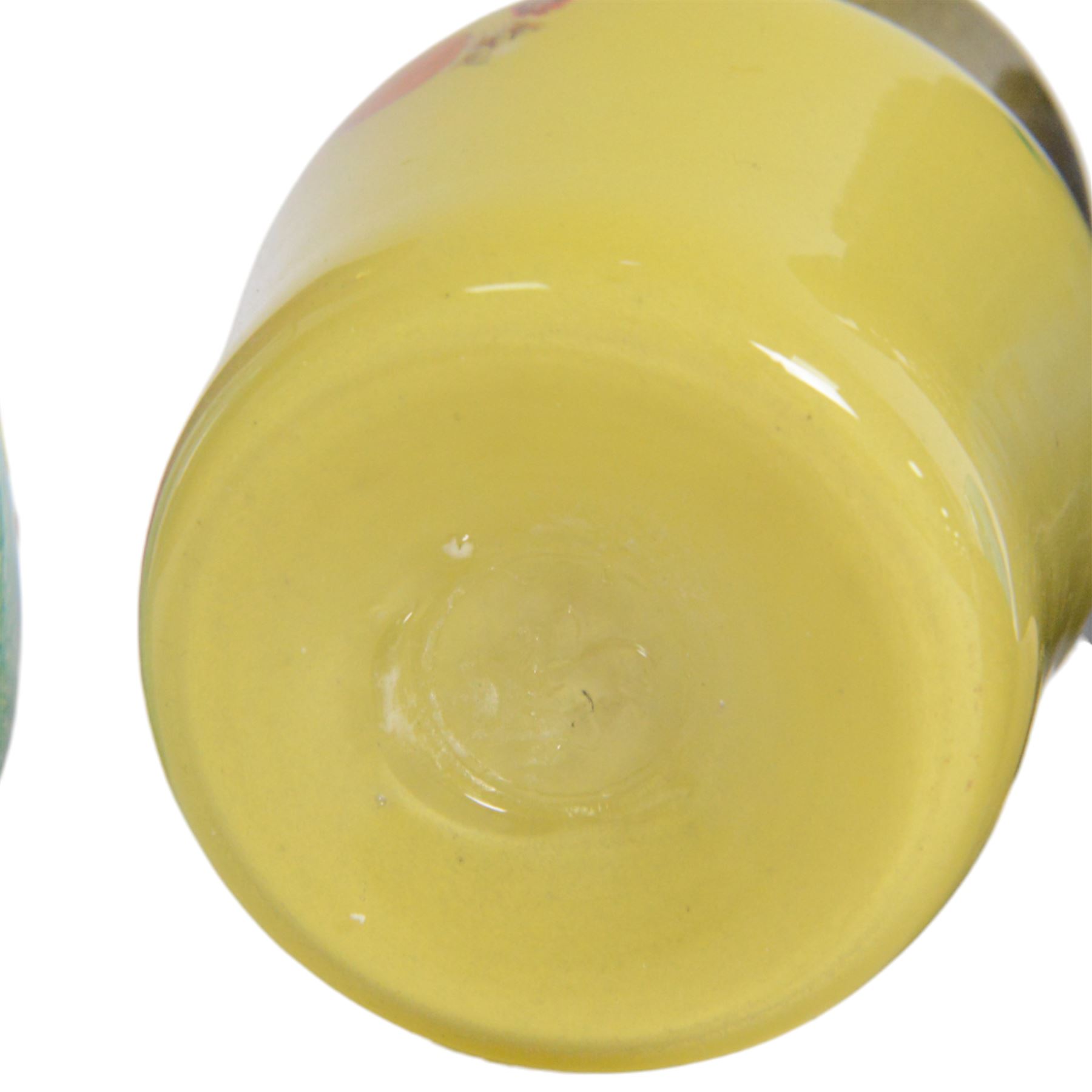 Strathearn glass vase, decorated with multiple swirls against a yellow ground, together with Rudolf Schrötter, blue glass Bullet vase and two other vases 