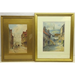  Whitby Street Scene, early 20th century watercolour signed and dated 1906 by J Burton, and 'Bootham Bar York', early 20th century watercolour signed V Price and titled, max 36cm x 26cm  