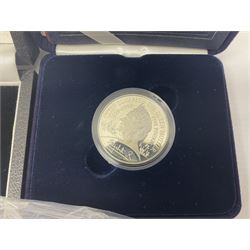 The Royal Mint United Kingdom 'Millennium' silver proof two coin set comprising 1999 and 2000 five pound coins, 2000 'The Queen Mother Centenary Year' silver proof crown, 2001silver proof one pound, 'Her Majesty The Queen Golden Jubilee 1952-2002' silver proof 2002 five pound coin and ten pound banknote set, all being cased with certificates, United Kingdom 1999 brilliant uncirculated coin collection in card folder, other commemorative coinage etc
