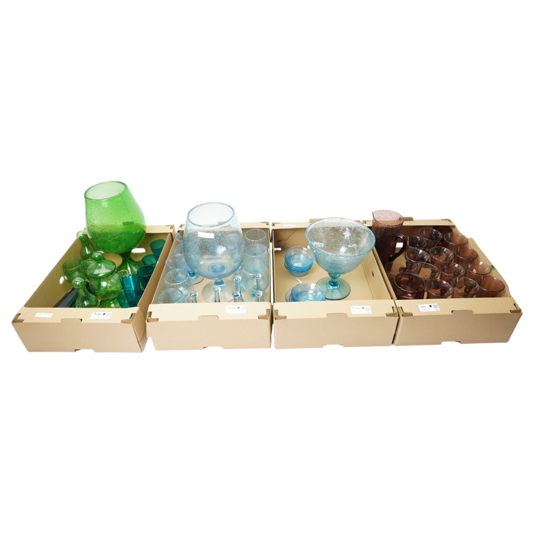 Collection of French blue and pink bubble glass items from La Verrerie de Biot 