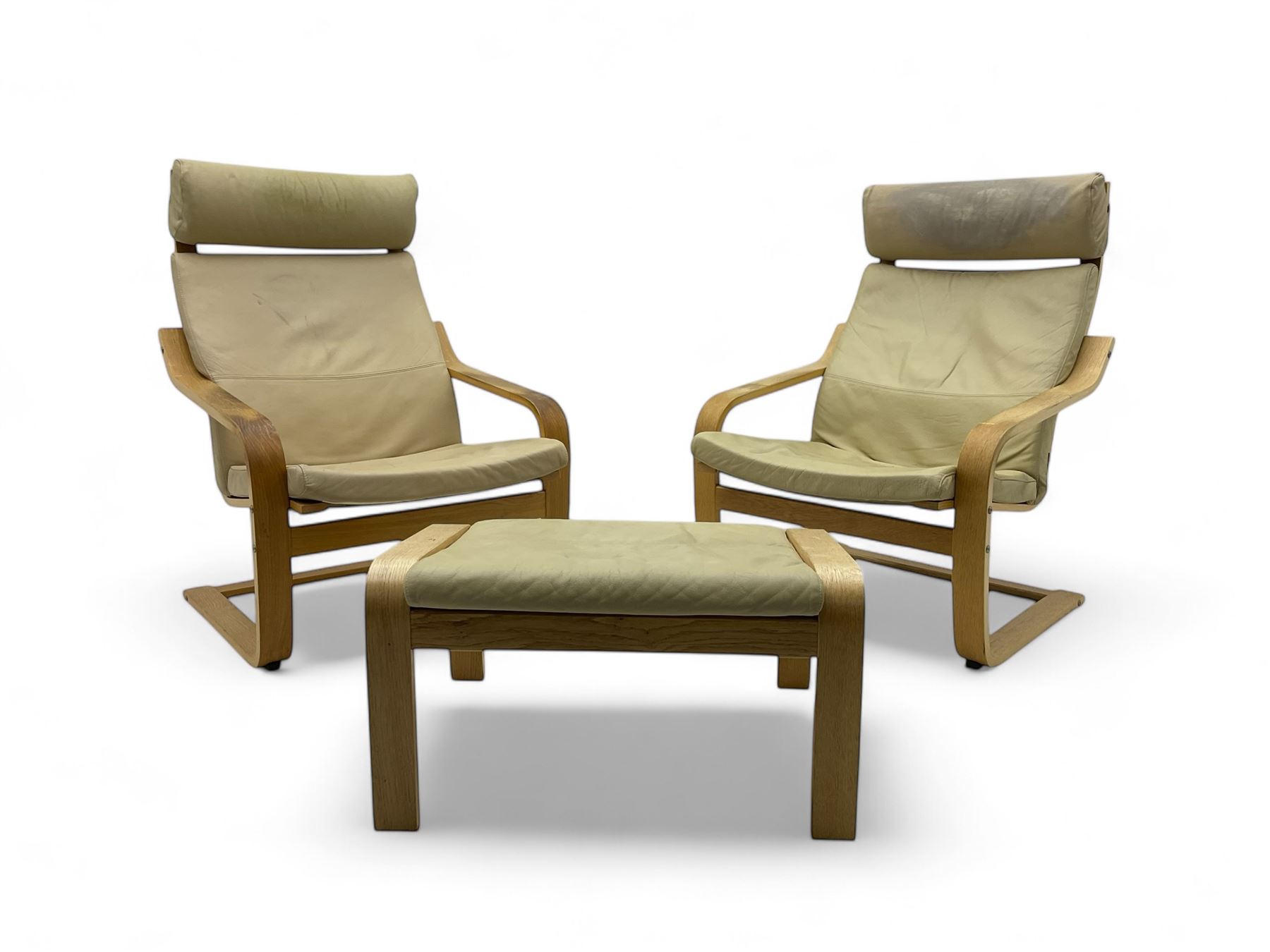 Ikea - pair of 'Poang' cantilever armchairs, upholstered in tan leather; complete with matching footstool (3)