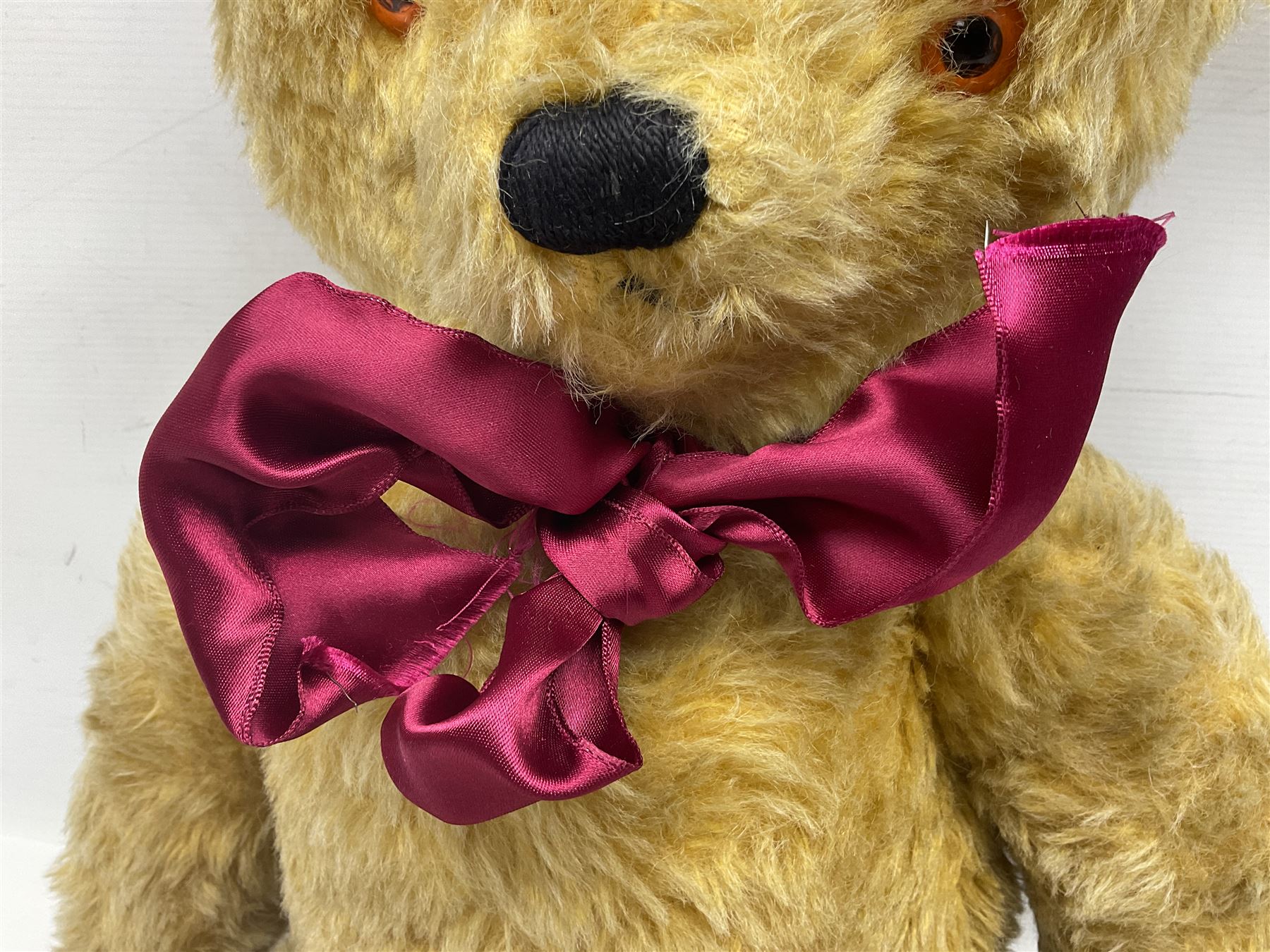 Large post-war Chad Valley plush covered teddy bear with revolving head, applied eyes, vertically stitched nose and mouth, jointed limbs and growler mechanism; stitched label to right foot and Hygenic Toys label to right side H73cm