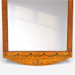 19th century satinwood wall mirror, the rectangular plate within a painted frame decorated with swags, fans and scrolling ornament beneath shaped pediments