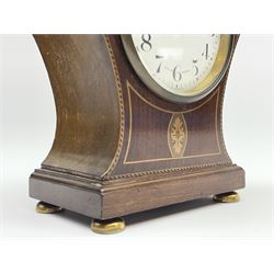 Edwardian inlaid mahogany mantel clock, pointed onion top and circular white enamel Roman dial signed 'Elkington', on brass feet 