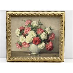 Maurice Alfred Decamps (French 1892-1953): 'Oeillets' - Still Life of Carnations, oil on canvas signed, titled on Frost and Reed label verso 44cm x 54cm 
