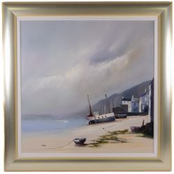 Barry Hilton (British 1941-): Harbour at Low Tide, oil on canvas signed 76cm x 75cm 