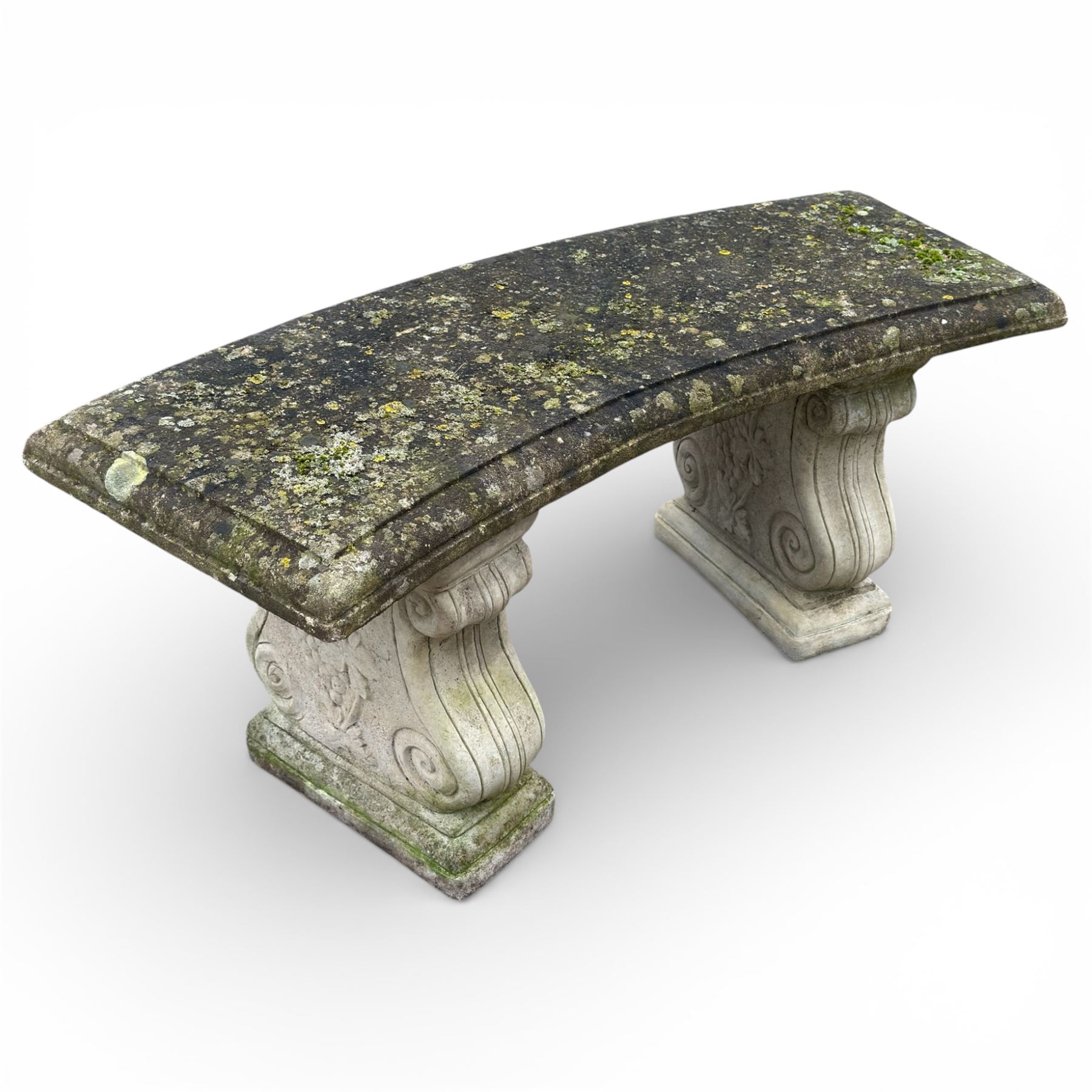Composition stone garden bench with scroll supports