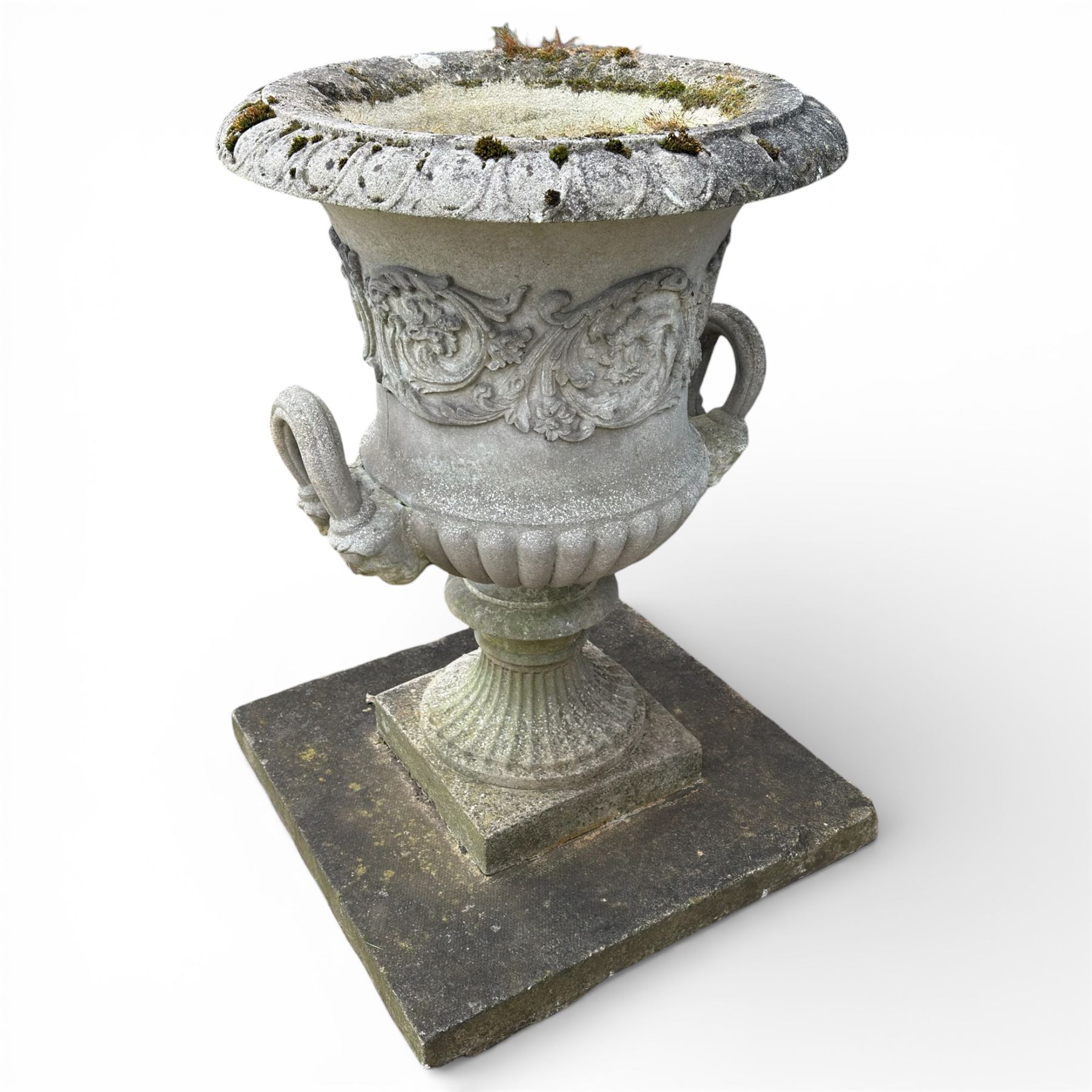 Pair of large stone Campana urns on square bases