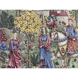 Medieval style German tapestry wall hanging suspended from carved oak pole depicting fairy-tale Rapunzel scene, H126cm W160cm approx 