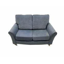 Pair of two seat sofas and matching armchair, upholstered in Plums blue loose fabric, original optional fabric and cushion fabric included