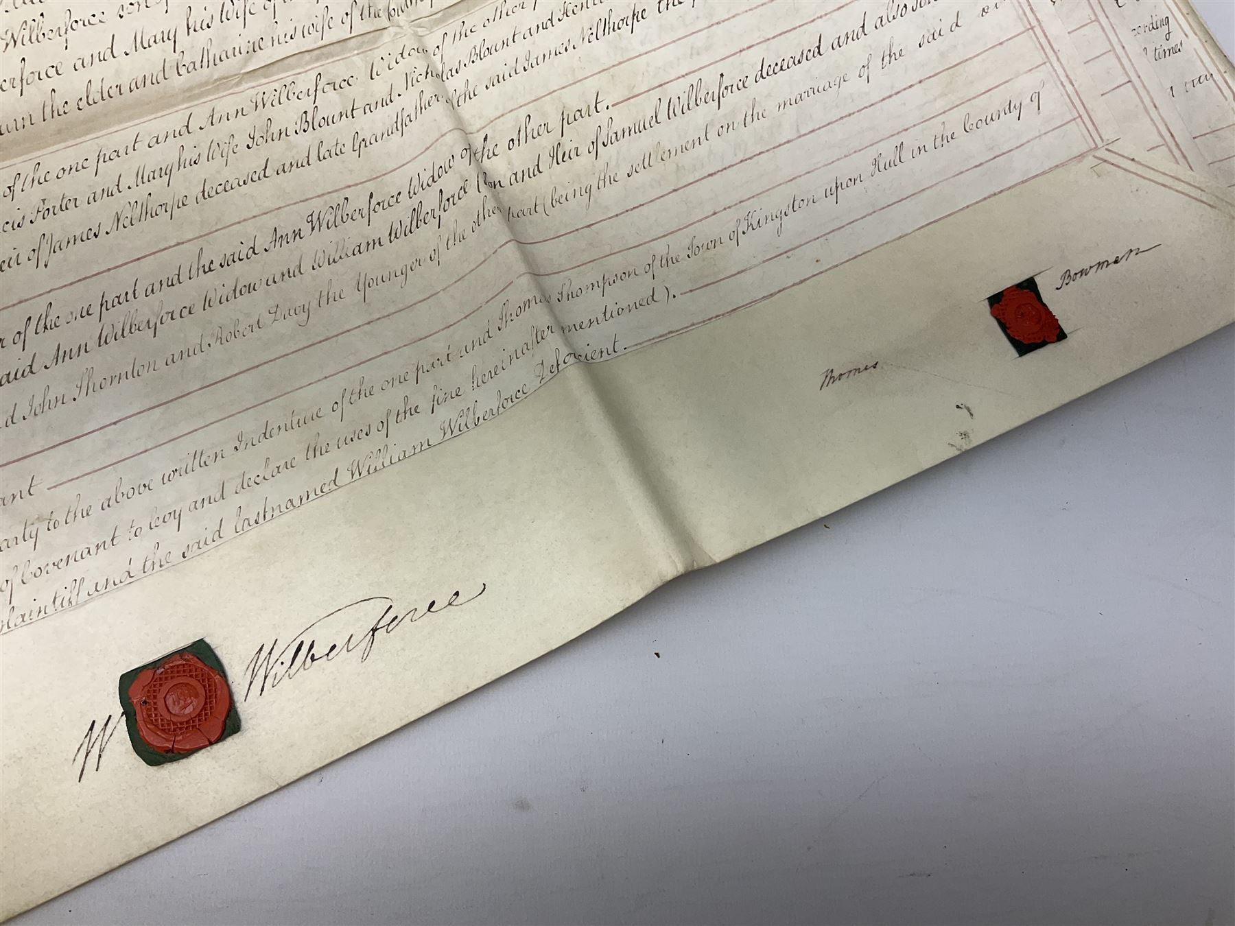 Early 19th century manuscript deed on vellum in three sections dated 25th February 1803 relating to 'An agreement between William Wilberforce, of the old palace yard, Westminster - son of Robert, AND The Reverend Thomas Bowman, of Beverley, who has agreed to buy from William Wilberforce the Freehold of a 