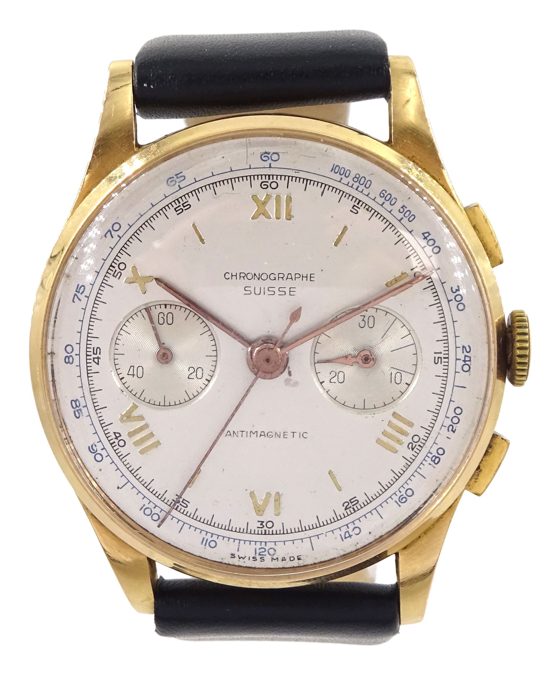 Chronographe Suisse gentleman's 18ct gold manual wind chronograph wristwatch, circa 1950, silvered dial with Roman numerals hour markers, subsidiary dials at 3 and 9 for seconds and 30 minute recording, stamped 18K 750 with Helvetia hallmark, on black leather strap