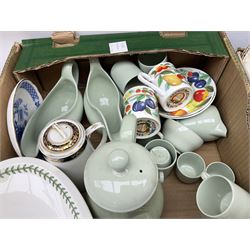 Large quantity of ceramics to include Grimwades Byzanta ware bowl in the Watteau pattern, D41.5cm, together with Sylvac vase, Bell's Whisky decanter, Denby stoneware teapo, Spode Flemish Green, Royal Standard, Wood & Sons Clovelly, together with other ceramics to include Delft style, Mid century Spode Copeland 'Cutie Kitten' bowl, Crown Ducal King George VI and Queen Elizabeth Coronation Emu Wines flask with stopper, c1937, Carlton Ware sauce boat and saucer, Crown Devon and quantity of ceramic jugs etc