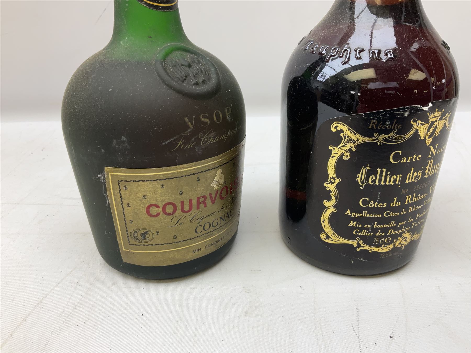 Mixed alcohol including, Carte Noire Cellien des Dauphins 1990 red wine, 75cl 13.5% vol, Dujardin Golden Keys blended grape brandy, contents and unknown proof, Special Reserve fine Scotch whisky, 1l, 43% vol and two others of various contents and proof 