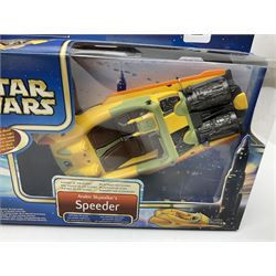 Star wars - Attack of the Clones - Jango Fett Slave 1; Obi-Wan Kenobi's Jedi Starfighter; Reek Arena Battle Beast; Acklay Arena Battle Beast; two x Anakin Skywalker Speeder; and Zam Wesell Speeder; all in sealed boxes (7)