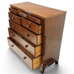 Large 19th century mahogany chest, with rectangular top with inlay flanked by spiral turned uprights, three short drawers above two short and three graduating long drawers, bone escutcheons and turned wooden handles, shaped apron raised on bracket feet 
