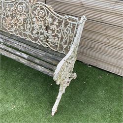 Victorian heavy ornate cast iron and wood slatted garden bench painted in white, decorated with foliage and berries - THIS LOT IS TO BE COLLECTED BY APPOINTMENT FROM DUGGLEBY STORAGE, GREAT HILL, EASTFIELD, SCARBOROUGH, YO11 3TX