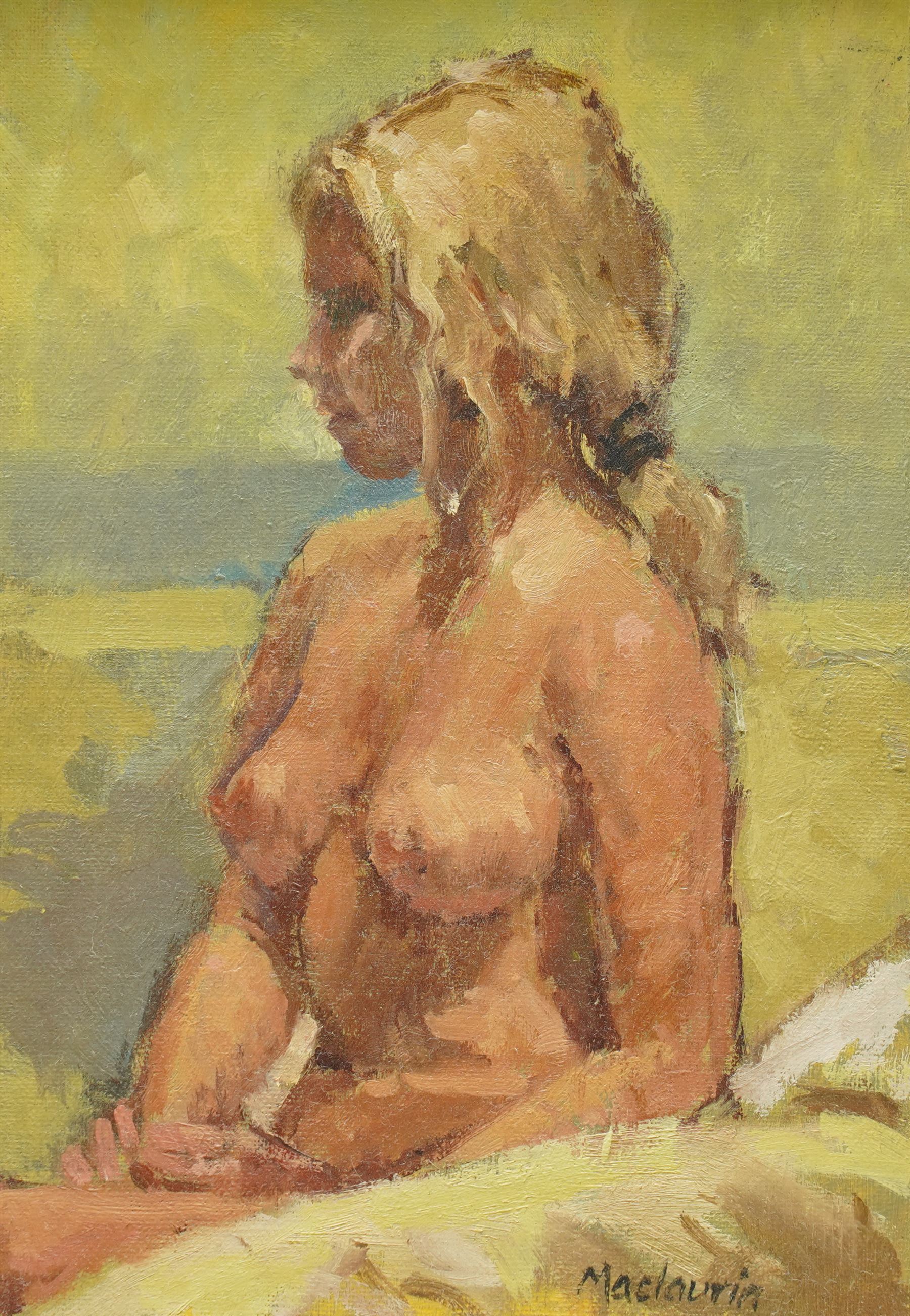 Pat Maclaurin (British 1933-2022): Nude Portrait of a Blonde Female on a Beach, oil on board signed 17cm x 12cm