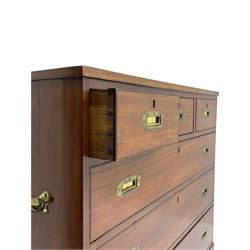 Georgian military type campaign chest, narrow rectangular top over three short and three long drawers, recessed brass handles, on bracket feet