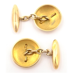  Pair of gold cuff-links, relief decoration, tested 14ct, approx 12.5gm   