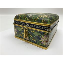 20th century Chinese cloisonne enamel smoking set, comprising two ashtrays, box and tray, with floral and foliate scrolling on green ground