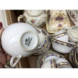 Quantity of tea wares to include Duchess, Coronet China and Victoria China part tea services, Sadler floral teapot, three Ridgways plates etc in two boxes