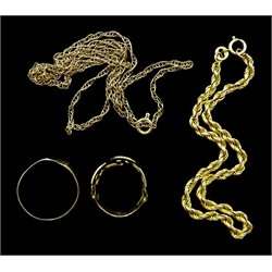 Gold rope twist bracelet, gold Singapore link necklace and heart ring, all 9ct stamped or hallmarked and a gold key design ring