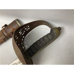 George V 1897 pattern Infantry officers sword, the 82cm single fullered blade with traces of etched detail and George V crown cipher, the ricasso marked Hawksworth Sheffield, pierced half basket hilt with George V cypher, wire-bound fish-skin grip with brass pommel and backstrap; in leather scabbard L102cm overall; together with two sectional gun cleaning rods; swagger stick made of leather strips etc