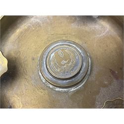 Four post-WW2 'silver' medallions of Adolf Hitler/German interest, two depicting Von Hindenburg also; and pair of 1960s trench art shell case bases as ashtrays mounted with Libyan Five Milliemes coins as cigarette rests (6)