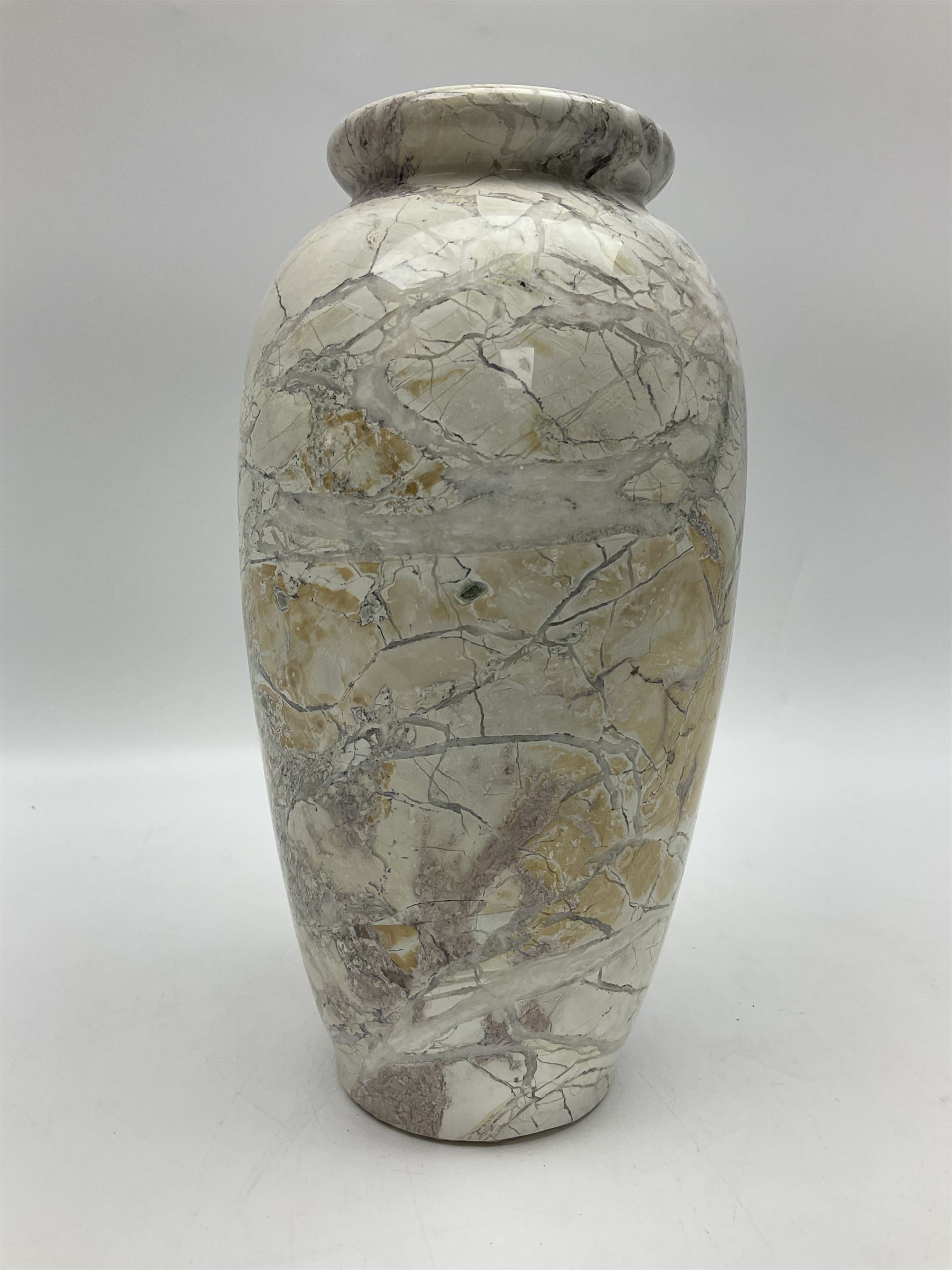 White marble vase, of baluster form, with grey, gold and green undertones, H30cm
