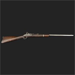 Springfield single shot service rifle, 1866 Allin conversion trapdoor model, 50-70 Cal, the lock marked 1864 with eagle and 