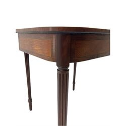 Early 19th century tea table, rectangular fold-over top with rounded corners, the frieze and sides inlaid with satinwood panels, double gate-leg action base, on reeded supports 