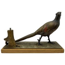 Austrian cold painted spelter table lighter modelled as a pheasant beside a tree stump, on rectangular oak plinth, L31.5cm x H21cm 
