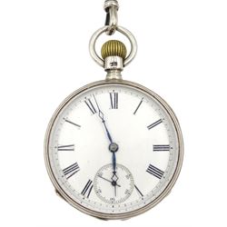 19th century silver open face keyless 'Riverside' pocket watch by American Watch Co, Waltham, No. 912279, white enamel dial with Roman numerals and subsidiary seconds dial, case by same maker, Chester 1877, with silver tapering Albert watch chain, each link with lion passant