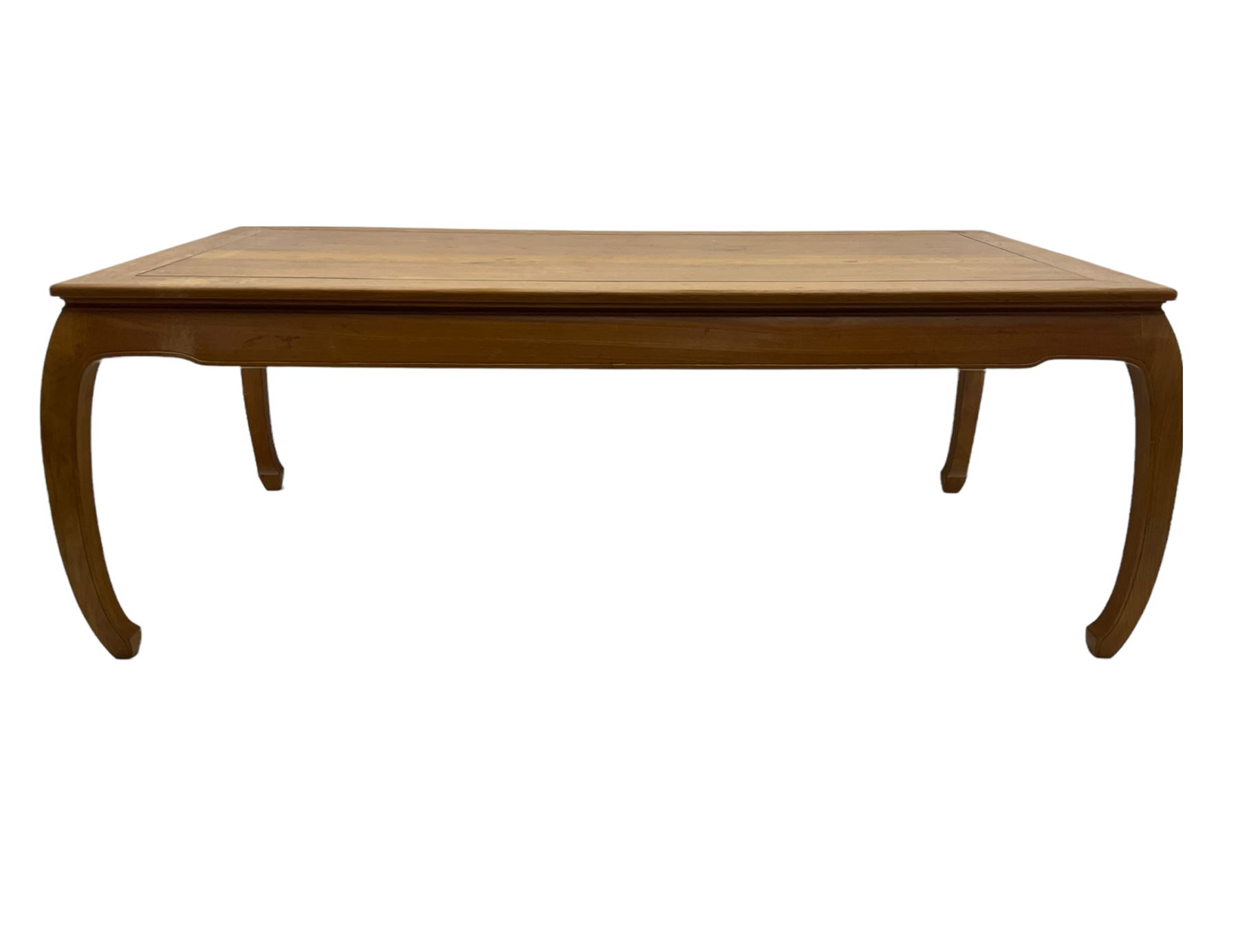 Oriental hardwood rectangular dining table, and six high back dining chairs with solid seats