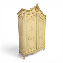 French Louis XV design cream painted double armoire, serpentine moulded pediment surmounte...