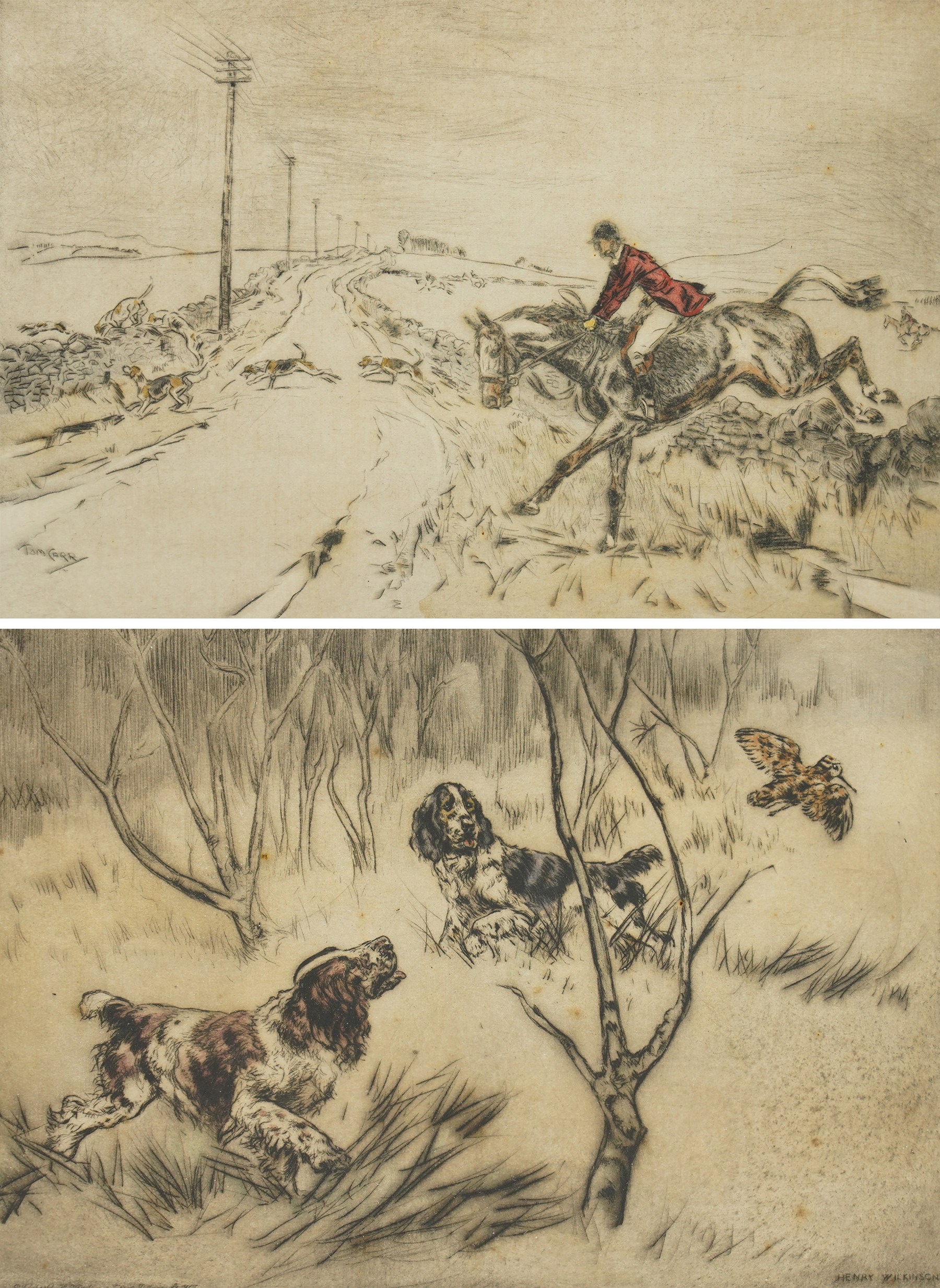 Tom Carr (British 1912-1977): 'Across the Road', limited edition coloured etching signed titled and numbered 67/75 in pencil 25.5cm x 37.5cm; Henry Wilkinson (British 1921-2011): Spaniels Flushing a Woodcock, limited edition coloured etching signed and dated 73/75 in pencil 20cm x 29cm (2)