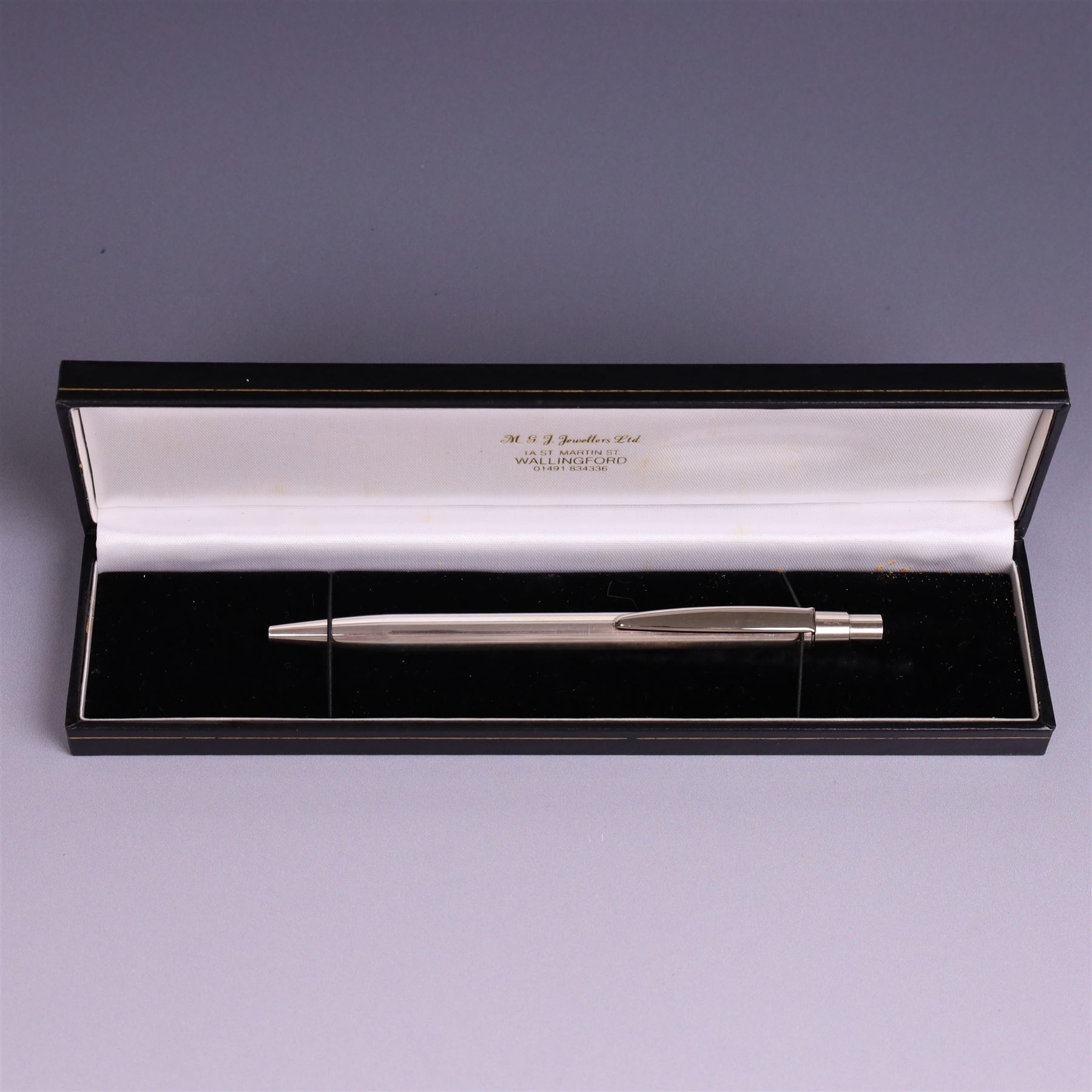 Modern silver cased ball point pen, with decorative hallmark, Harrison Brothers & Howson Ltd, London 2004, boxed