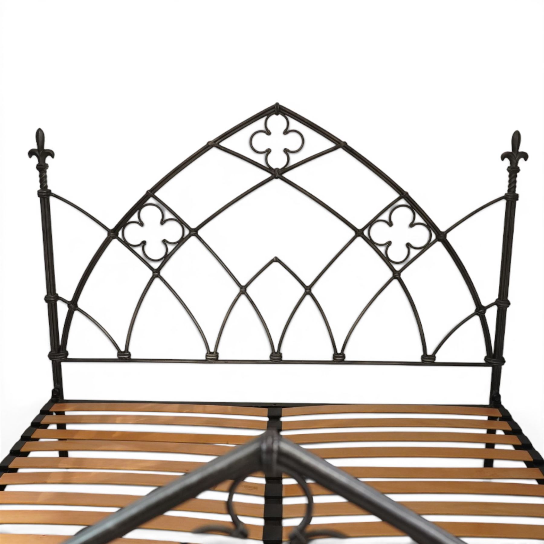And So To Bed - 'Gothic' 6ft super king with slatted base, forged iron construction with silvered finish, wooden slatted base 
