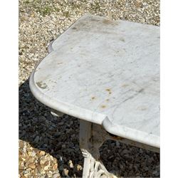 Victorian cast iron garden table by Coalbrookdale, with shaped white marble top on splayed end supports. H71cm, L123cm, D53cm. - COLLECTION BY APPOINTMENT FROM: The White House, Thirsk Road, Easingwold, York, YO61 3NF - CALL 01723 507111 TO ARRANGE