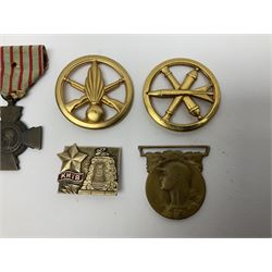 Five WW1 French medals comprising Medaille Militaire Gallantry Award, two Croix de Combattant, Medaille Commemorative Francais 1914-18 and a Patriotic Medal; together with small quantity of Russian badges etc