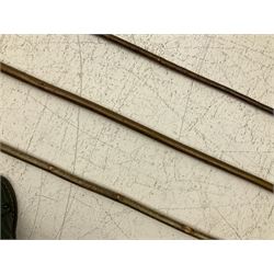 Two smooth polished ram horn handled Shepherd's crooks and a further similar example, together with various shooting sticks, walking sticks and canes, housed in a volcanic lava glaze West German style vase