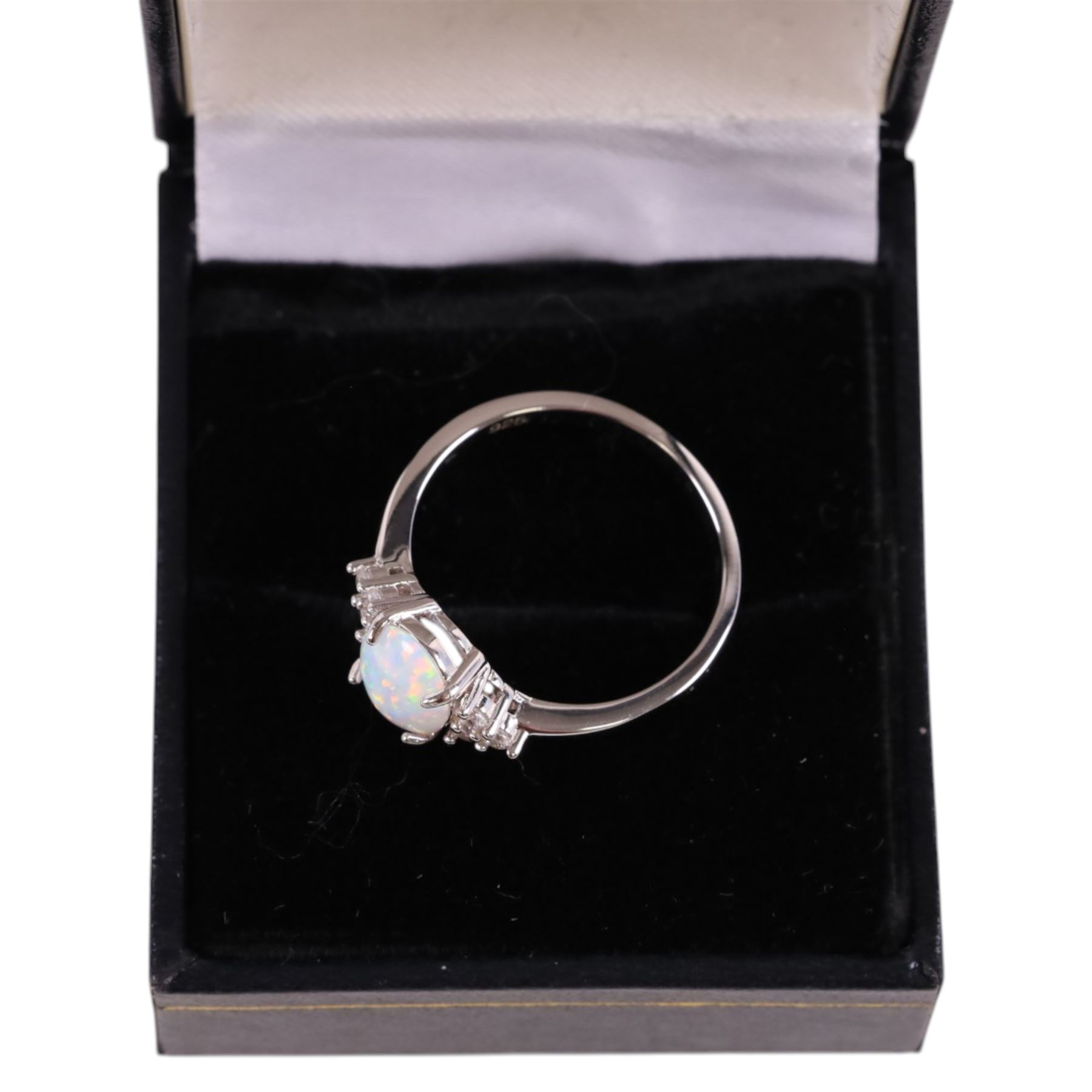 Silver opal and cubic zirconia cluster ring, stamped 925, boxed