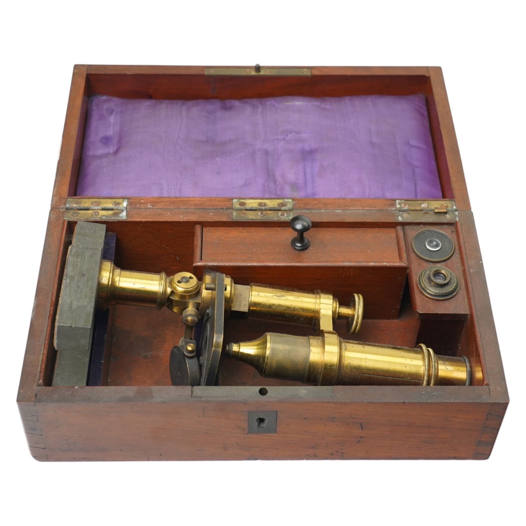 Victorian brass and black japanned microscope with accessories in original mahogany box; snuffing scissors and card case