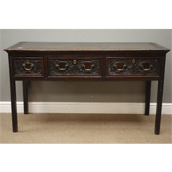  18th century oak side table with later carving, rectangular top above three drawers, relief carved with foliage, W137cm, H77cm, D56cm  