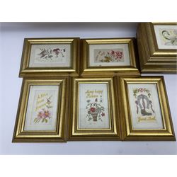 Collection of twenty eight, mostly WWI period embroidered silk greetings cards and postcards, including 'A kiss from France', good luck, sweetheart and Christmas examples, all within modern gilt frames