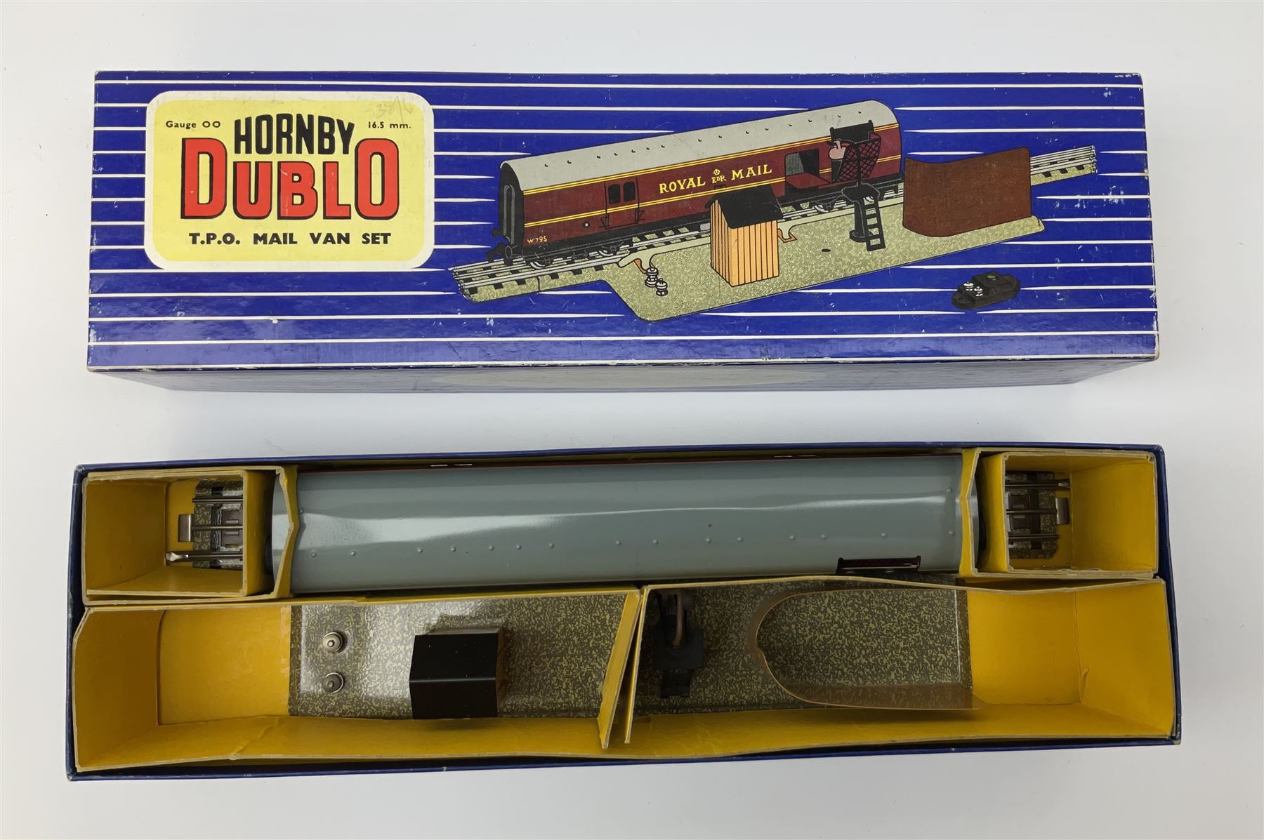 Hornby Dublo - Breakdown Crane No.4062 with screw jacks in plain red box with end label; D1 Girder Bridge, boxed; and T.P.O. Mail Van Set, boxed with mail bags (3)