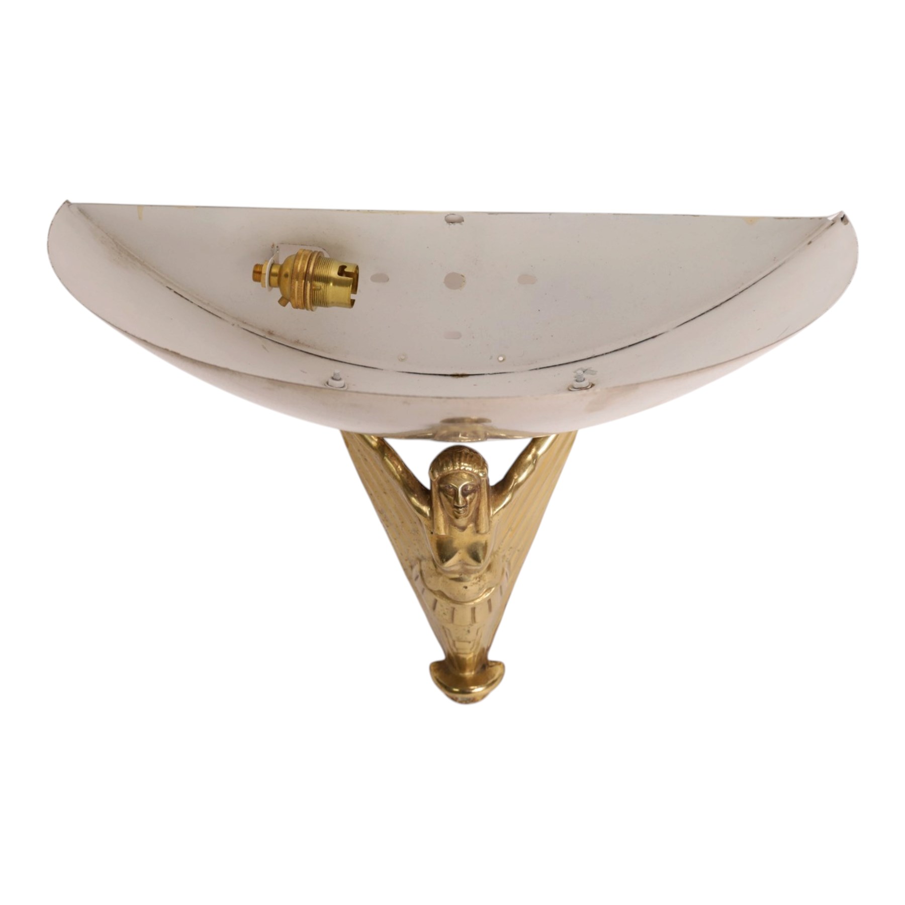 Pair of Art Deco gilt-brass wall lights, circa 1930, each modelled as a stylised female figure with outstretched drapery supporting a demi-lune mirrored reflector, H35cm