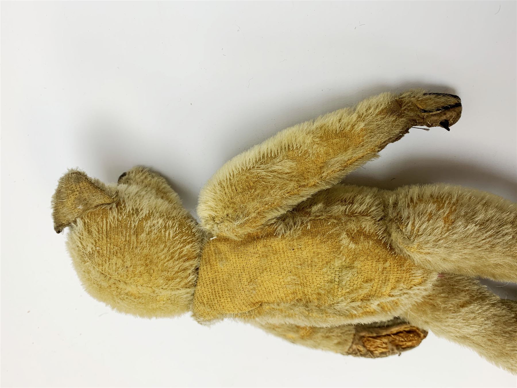 Early 20th century American mohair teddy bear c1920 with wood wool filled body humped back body with jointed limbs, black boot button eyes and horizontal stitched nose and mouth H12